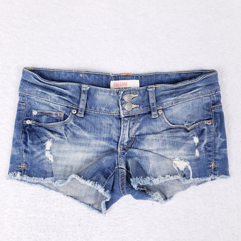 Garage‎ GRG DNM Women Blue Distressed Low Rise Denim Shorts Sz 1 Cut Off Stretch